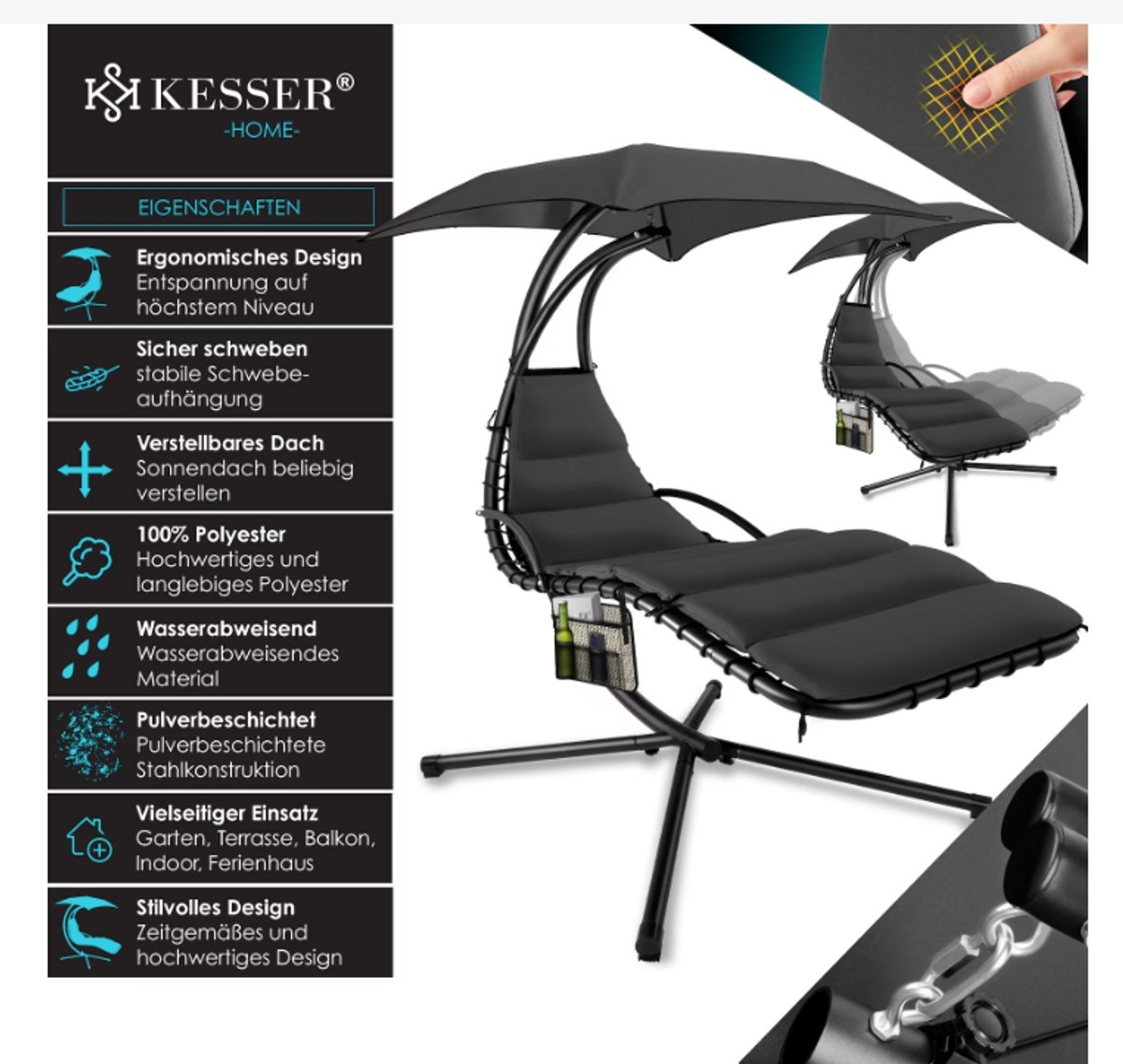 Zwevende ligstoel met parasol - hang ligbed / hangmat - lengte 194 - max 120 kg - donkergrijs / antraciet - met kussen - Afbeelding 4