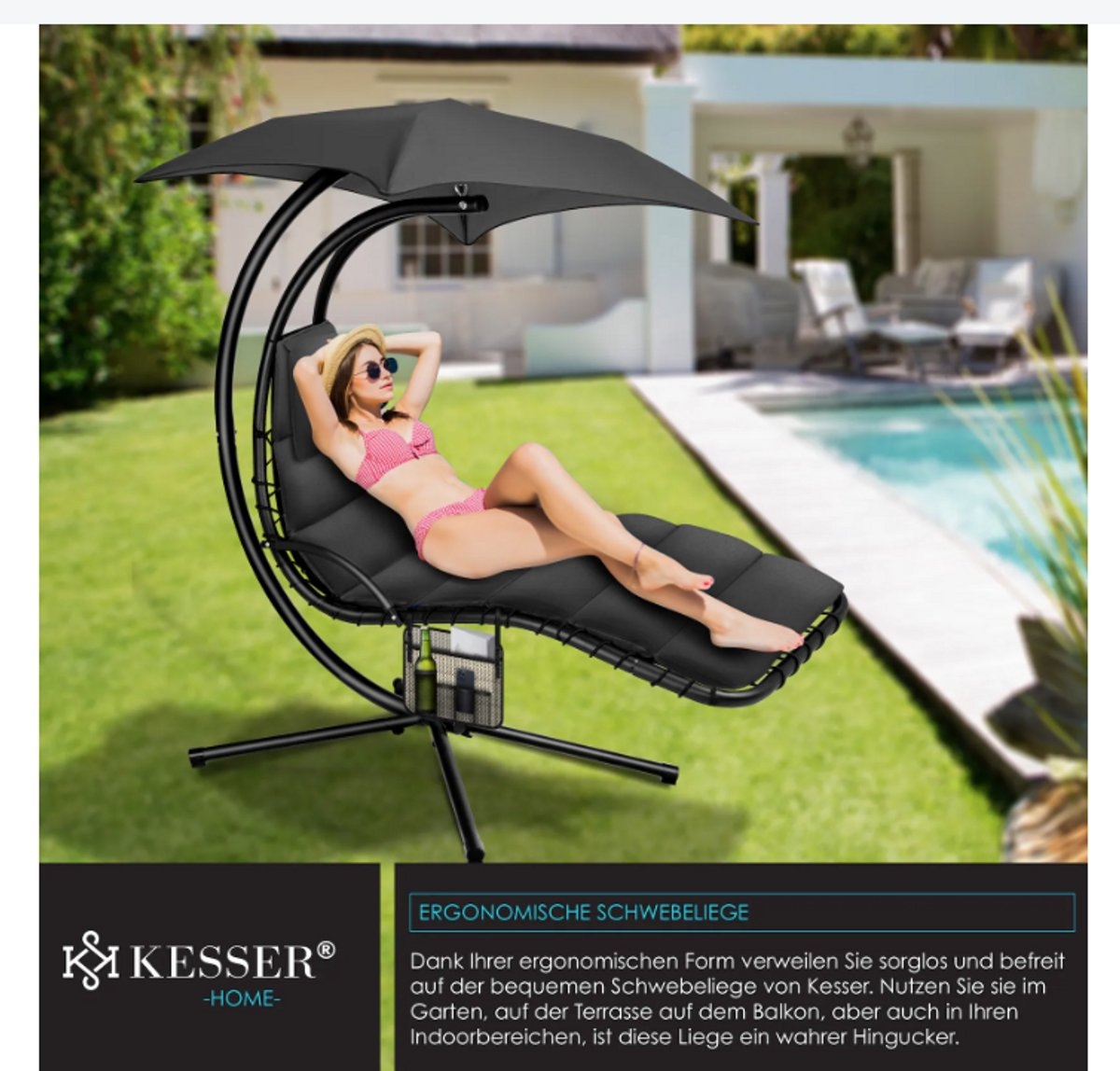 Zwevende ligstoel met parasol - hang ligbed / hangmat - lengte 194 - max 120 kg - donkergrijs / antraciet - met kussen - Afbeelding 5