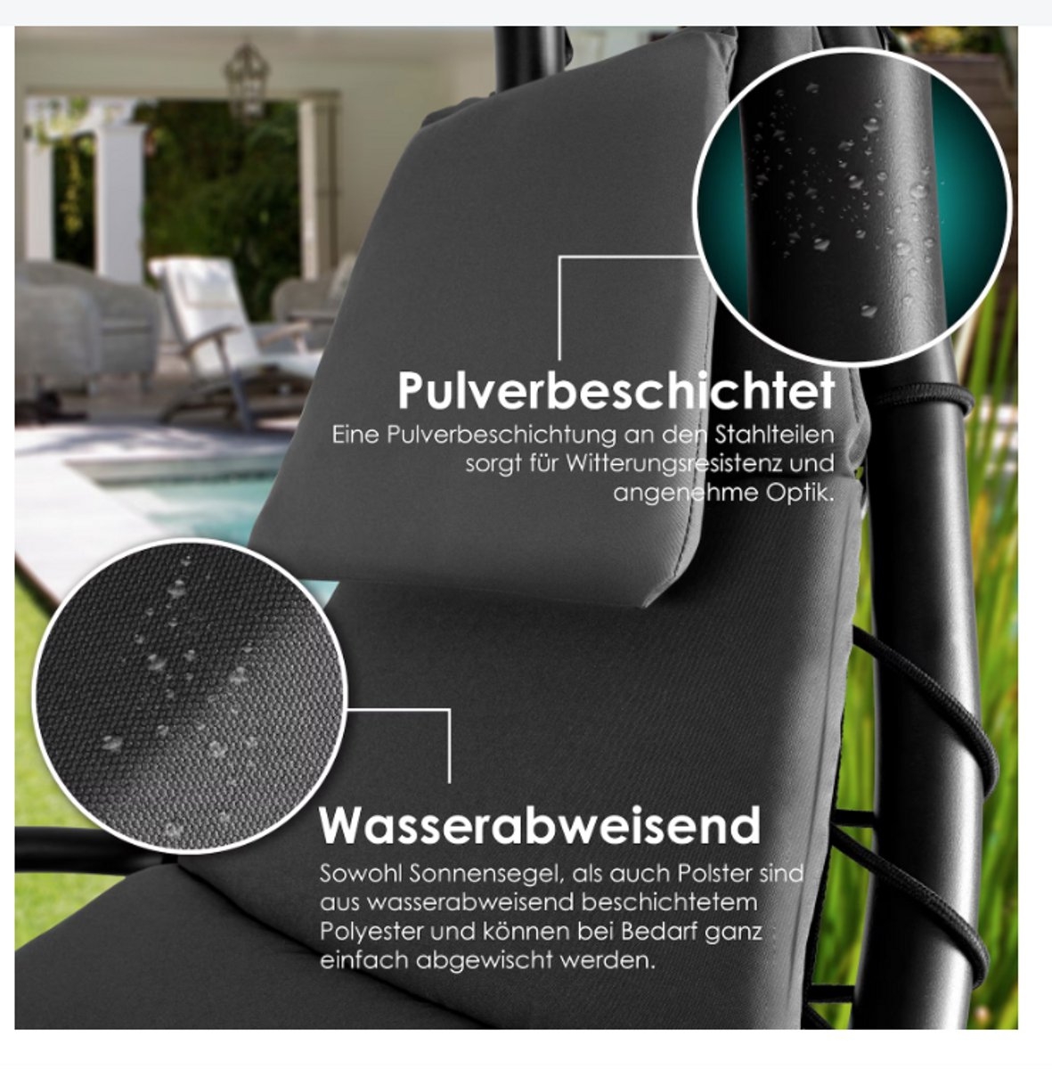 Zwevende ligstoel met parasol - hang ligbed / hangmat - lengte 194 - max 120 kg - donkergrijs / antraciet - met kussen - Afbeelding 6