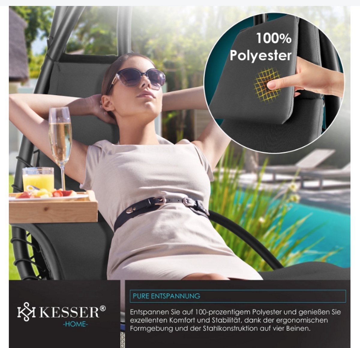 Zwevende ligstoel met parasol - hang ligbed / hangmat - lengte 194 - max 120 kg - donkergrijs / antraciet - met kussen - Afbeelding 8