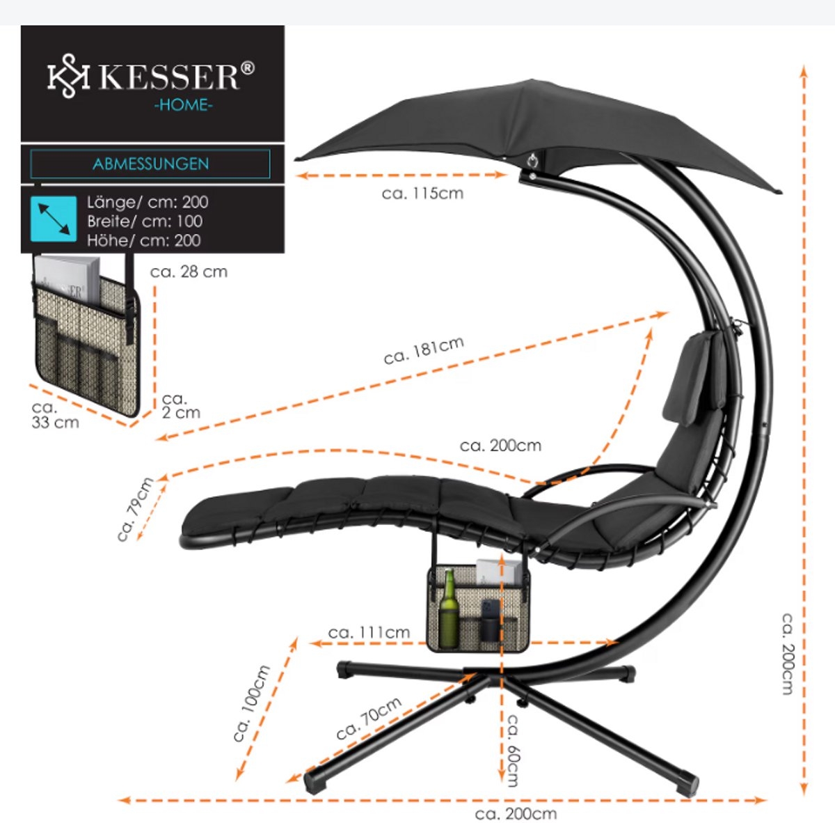Zwevende ligstoel met parasol - hang ligbed / hangmat - lengte 194 - max 120 kg - donkergrijs / antraciet - met kussen - Afbeelding 10