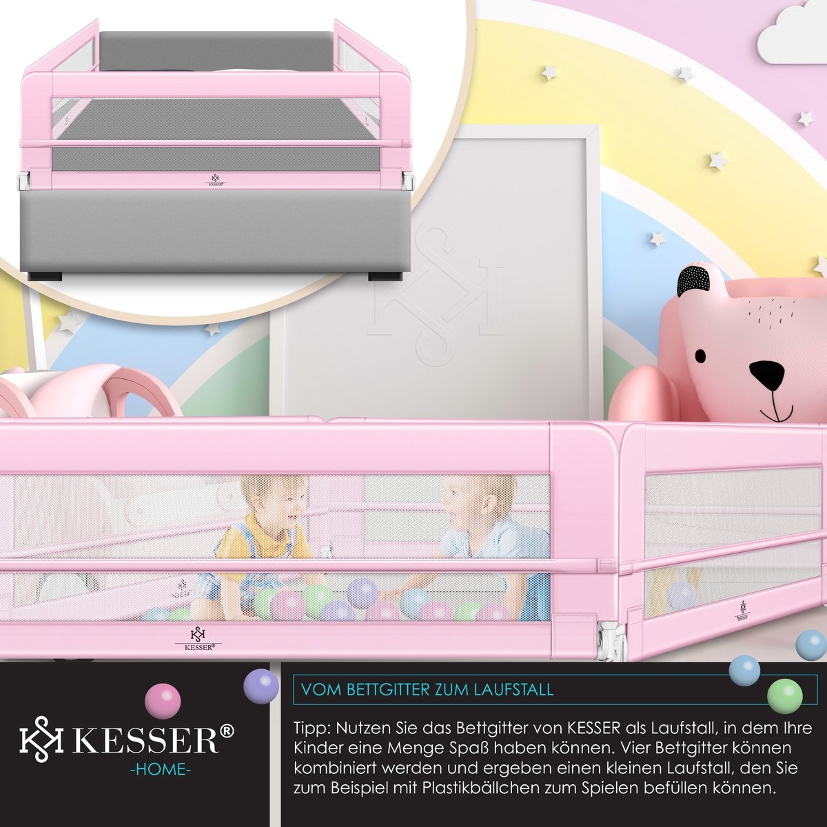 Bedhekje / kinderbedhek - voor boxspring - valbeveiligingsbed voor bed - 150 cm - roze - Afbeelding 2
