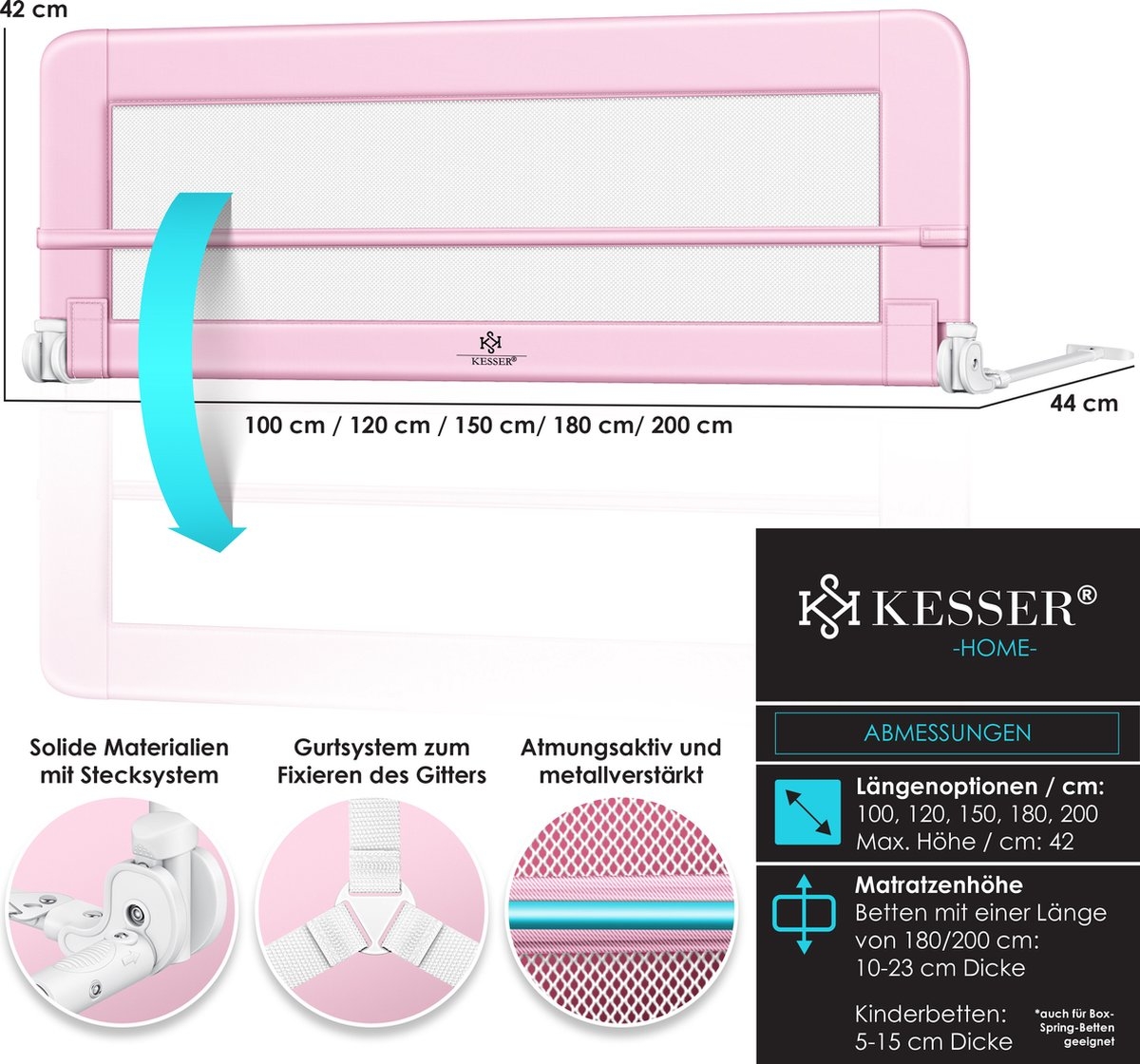 Bedhekje / kinderbedhek - voor boxspring - valbeveiligingsbed voor bed - 150 cm - roze - Afbeelding 4