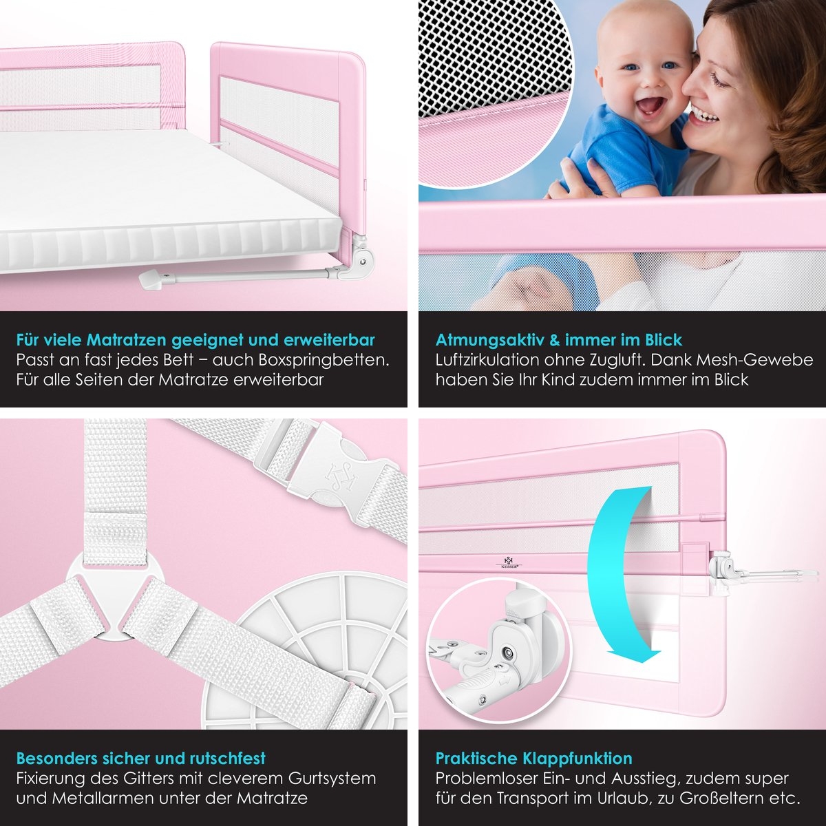 Bedhekje / kinderbedhek - voor boxspring - valbeveiligingsbed voor bed - 150 cm - roze - Afbeelding 7