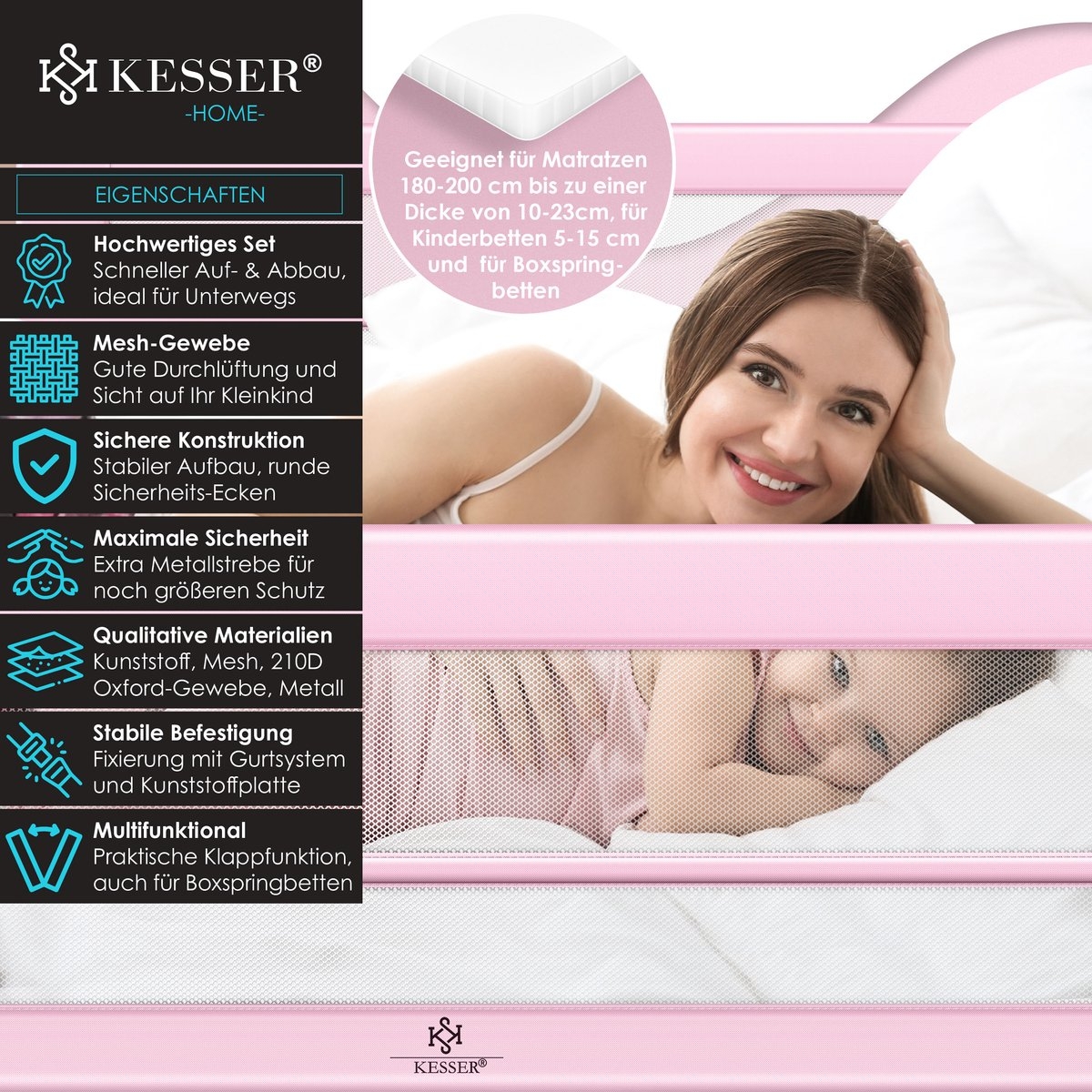 Bedhekje / kinderbedhek - voor boxspring - valbeveiligingsbed voor bed - 150 cm - roze - Afbeelding 9