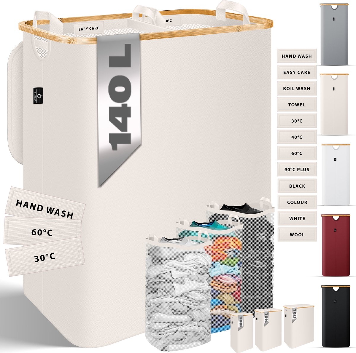 Wasmand met deksel - opvouwbare - met uitneembare waszak - beige - 140 liter