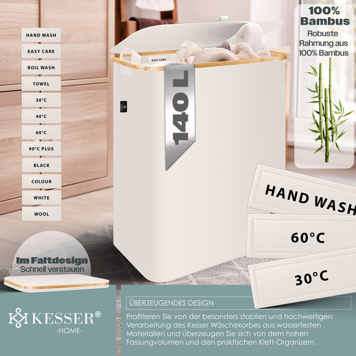 Wasmand met deksel - opvouwbare - met uitneembare waszak - beige - 140 liter - Afbeelding 2