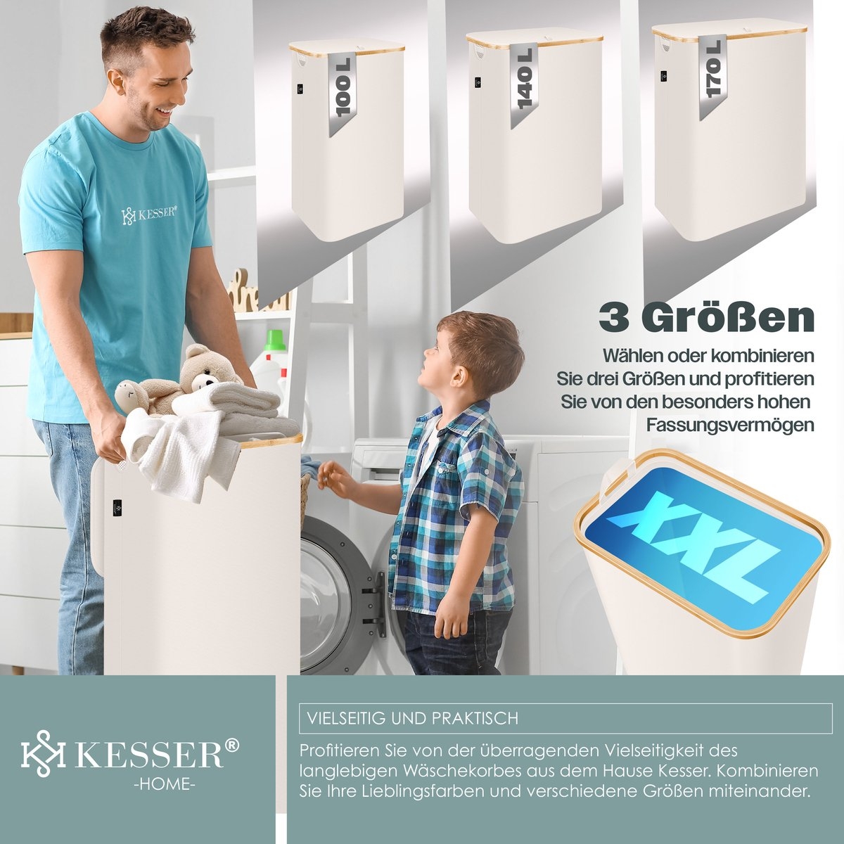 Wasmand met deksel - opvouwbare - met uitneembare waszak - beige - 140 liter - Afbeelding 3