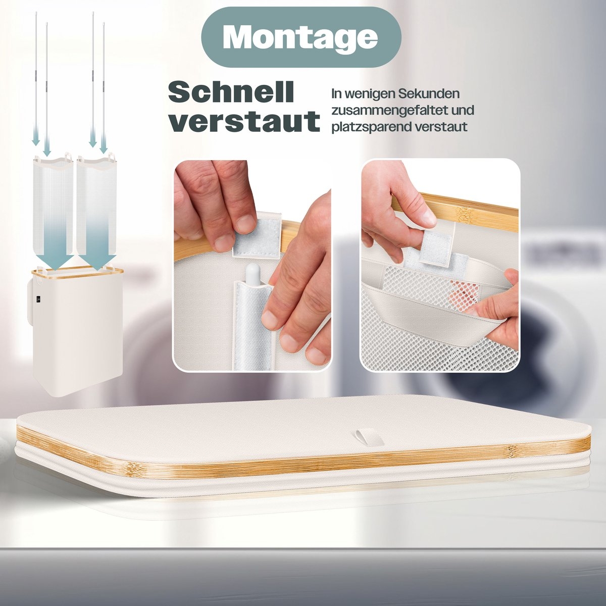 Wasmand met deksel - opvouwbare - met uitneembare waszak - beige - 140 liter - Afbeelding 4