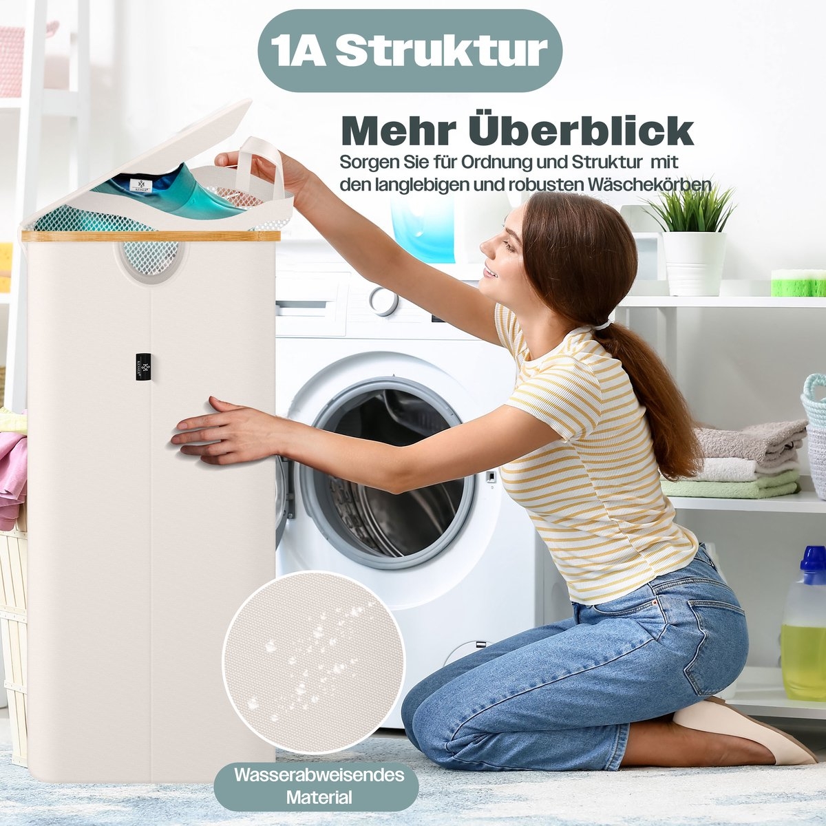 Wasmand met deksel - opvouwbare - met uitneembare waszak - beige - 140 liter - Afbeelding 5