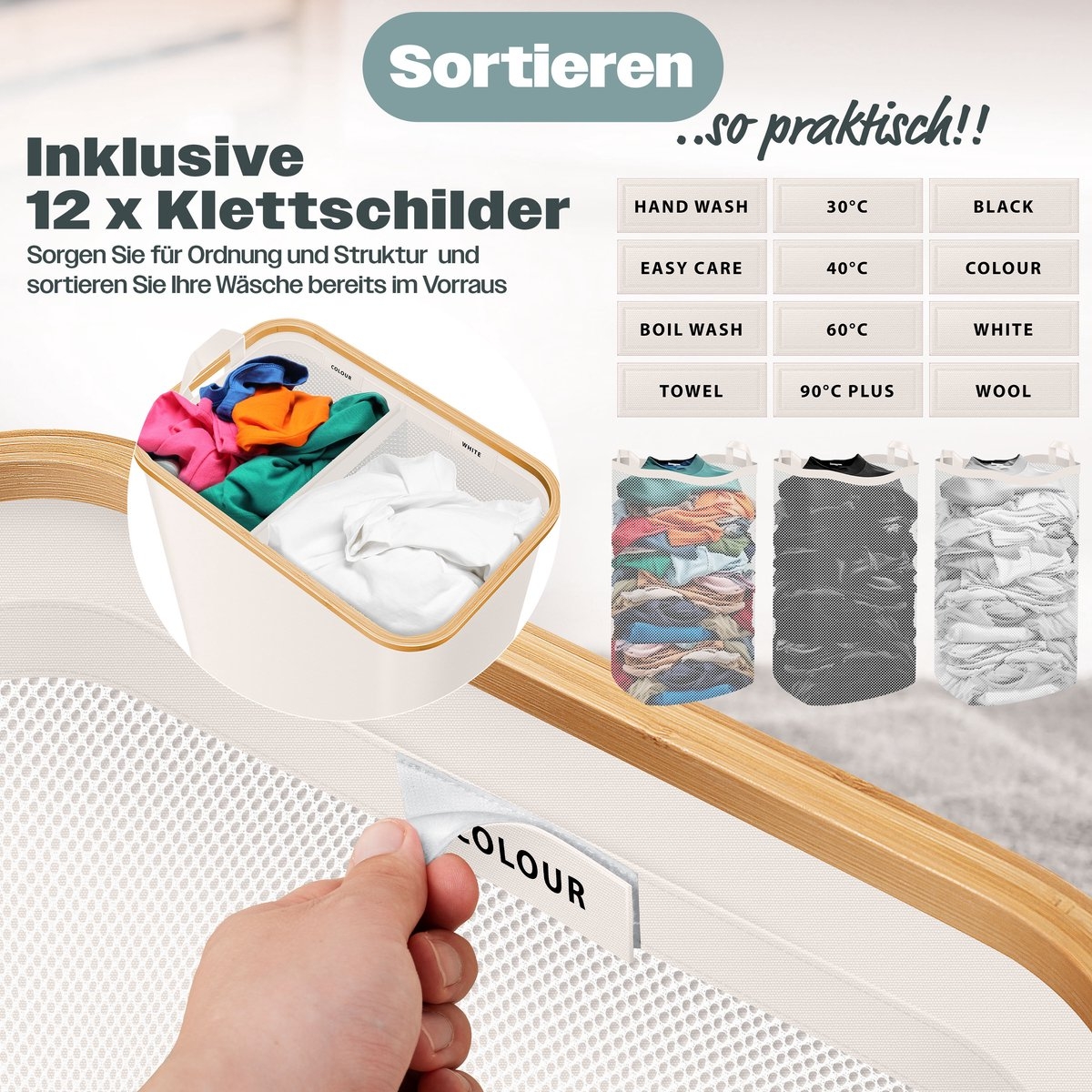 Wasmand met deksel - opvouwbare - met uitneembare waszak - beige - 140 liter - Afbeelding 6