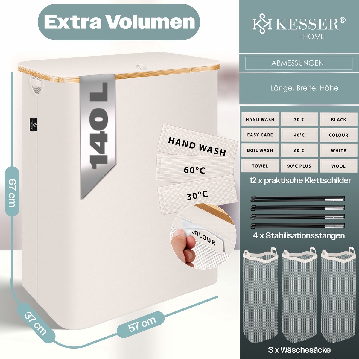 Wasmand met deksel - opvouwbare - met uitneembare waszak - beige - 140 liter - Afbeelding 7