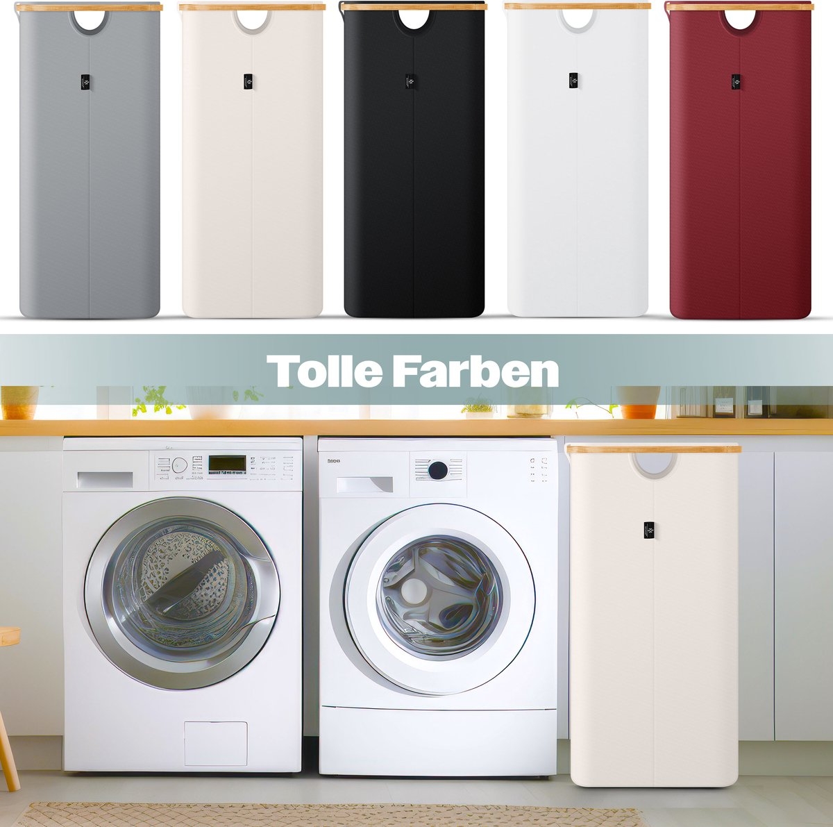 Wasmand met deksel - opvouwbare - met uitneembare waszak - beige - 140 liter - Afbeelding 8