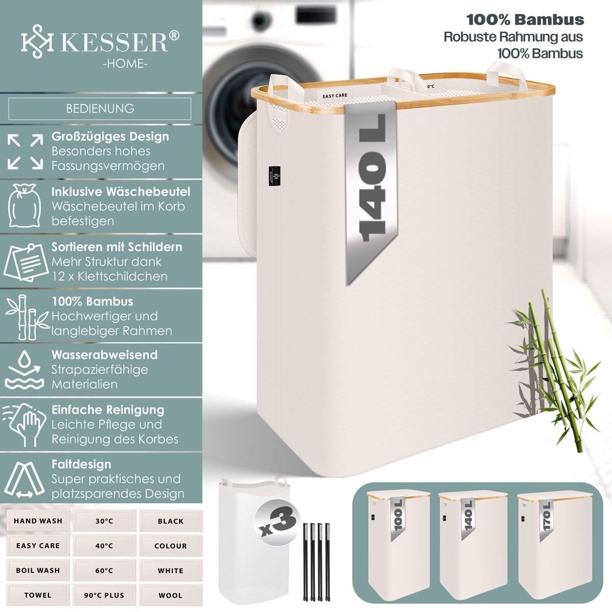 Wasmand met deksel - opvouwbare - met uitneembare waszak - beige - 140 liter - Afbeelding 9