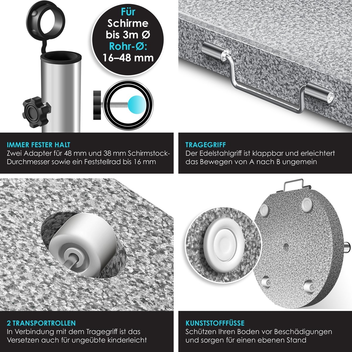 Parasolvoet op wielen - graniet 30kg - parasolvoe Ø38mm t/m Ø48mm - verrijdbaar - Afbeelding 2