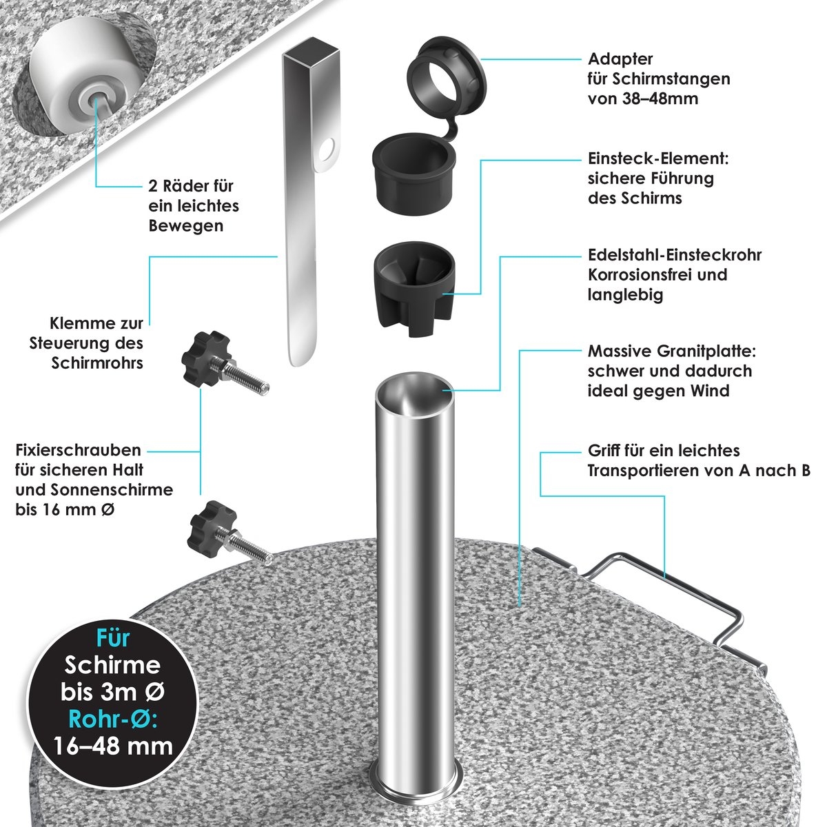 Parasolvoet op wielen - graniet 30kg - parasolvoe Ø38mm t/m Ø48mm - verrijdbaar - Afbeelding 3