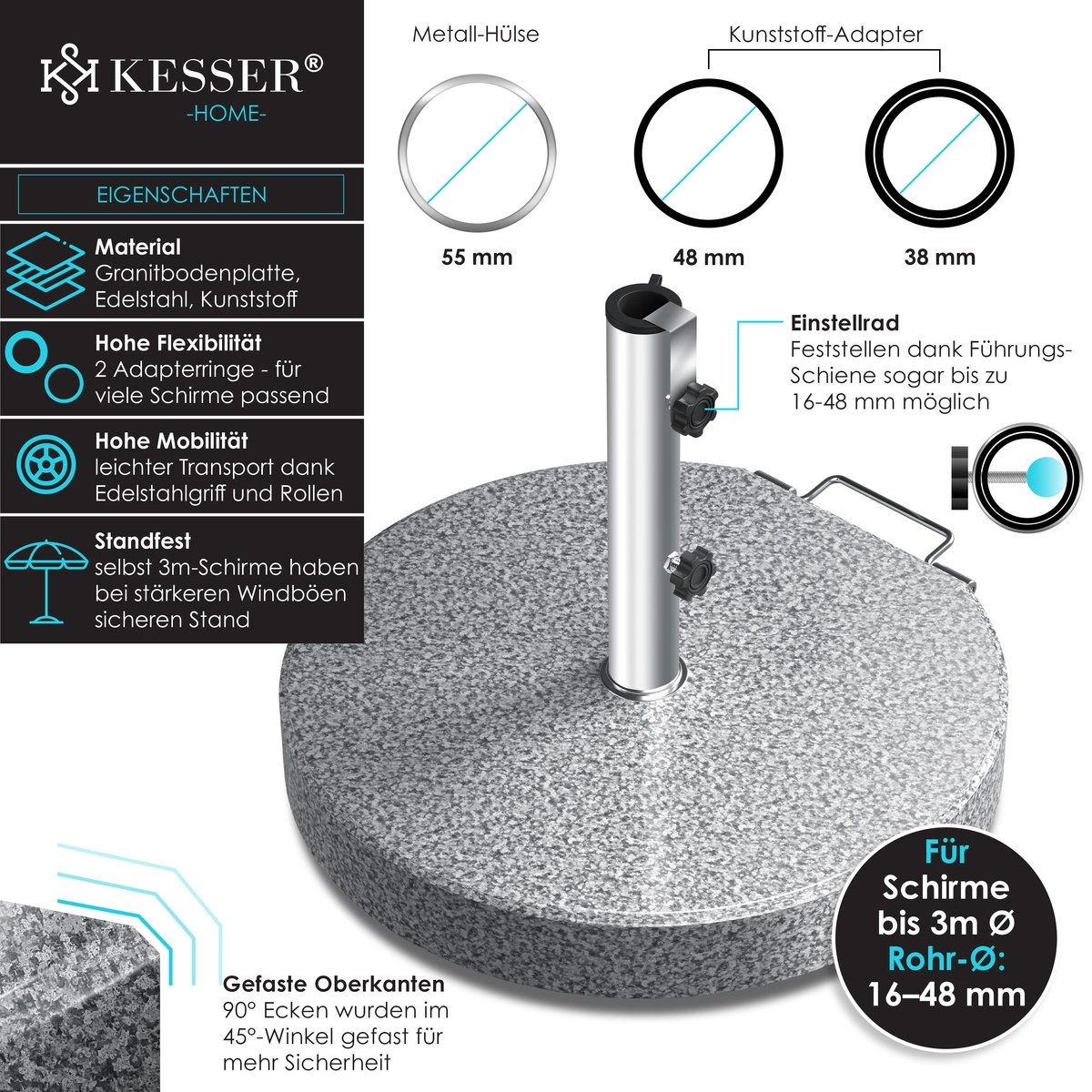 Parasolvoet op wielen - graniet 30kg - parasolvoe Ø38mm t/m Ø48mm - verrijdbaar - Afbeelding 4