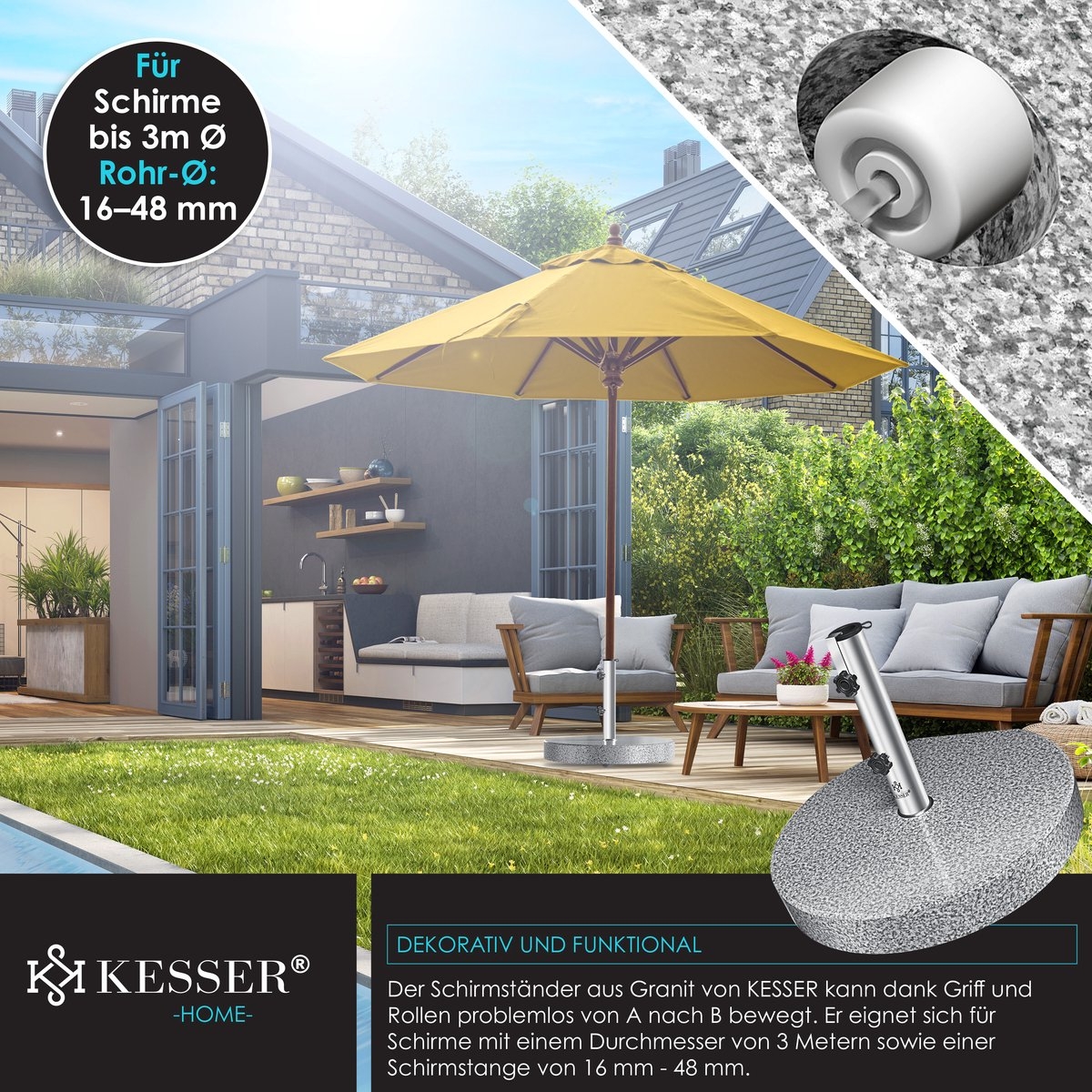 Parasolvoet op wielen - graniet 30kg - parasolvoe Ø38mm t/m Ø48mm - verrijdbaar - Afbeelding 7