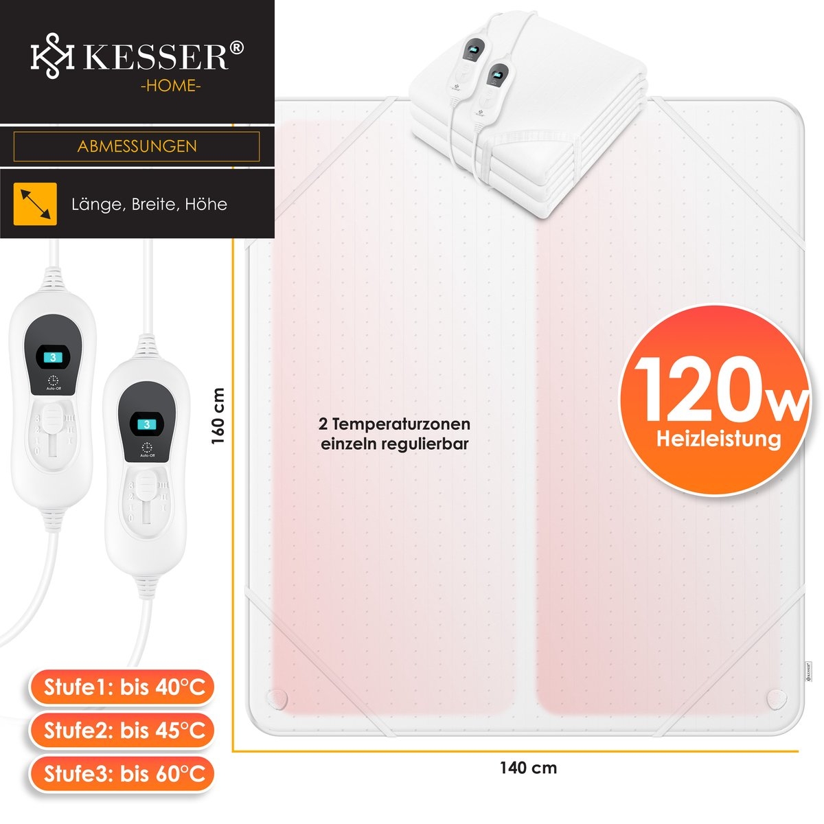 Elektrische onderdeken 160x140 cm - warmtedeken - 3 temperatuurstanden - matrasverwarming - zacht fleece - wit - Afbeelding 2