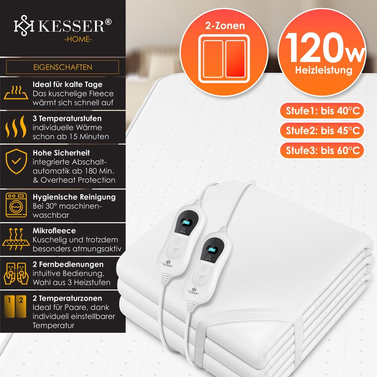 Elektrische onderdeken 160x140 cm - warmtedeken - 3 temperatuurstanden - matrasverwarming - zacht fleece - wit - Afbeelding 9