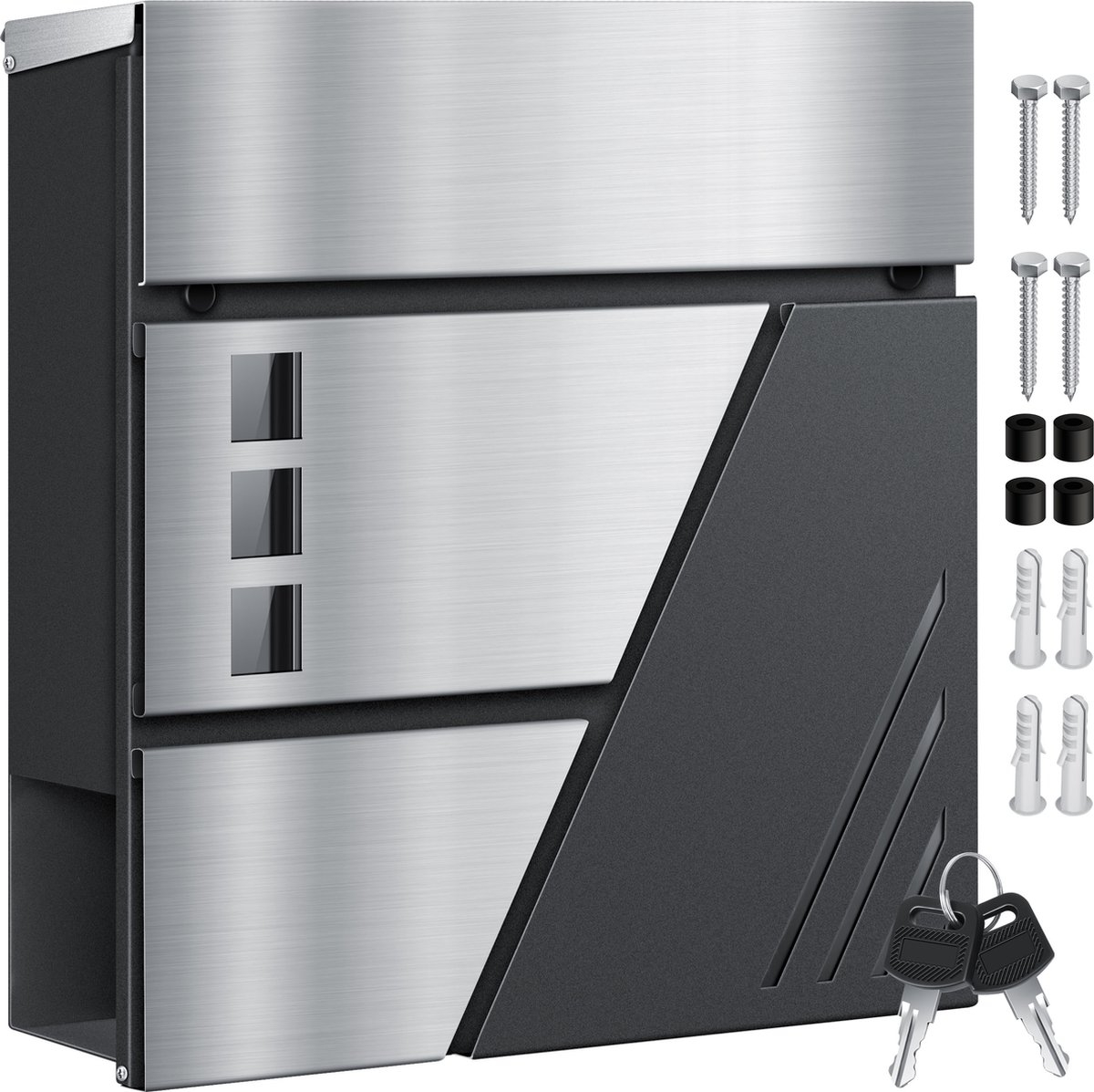 Brievenbus met krantenvak met wandmontage - RVS - 2x Sleutels afsluitbaar - zilver / antraciet