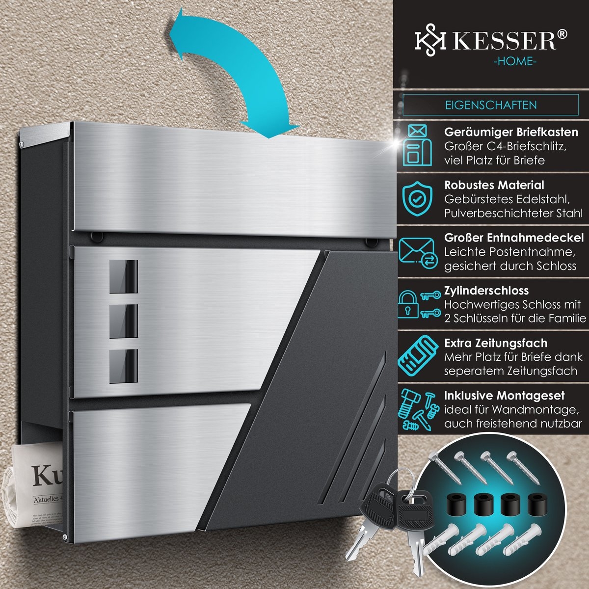 Brievenbus met krantenvak met wandmontage - RVS - 2x Sleutels afsluitbaar - zilver / antraciet - Afbeelding 2