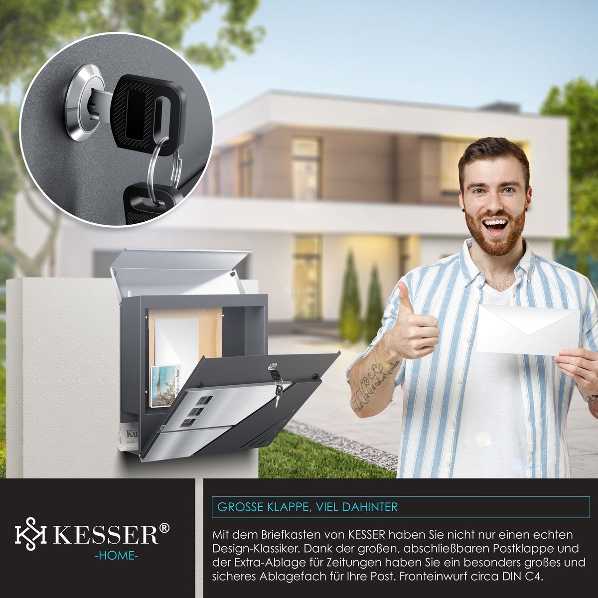 Brievenbus met krantenvak met wandmontage - RVS - 2x Sleutels afsluitbaar - zilver / antraciet - Afbeelding 4