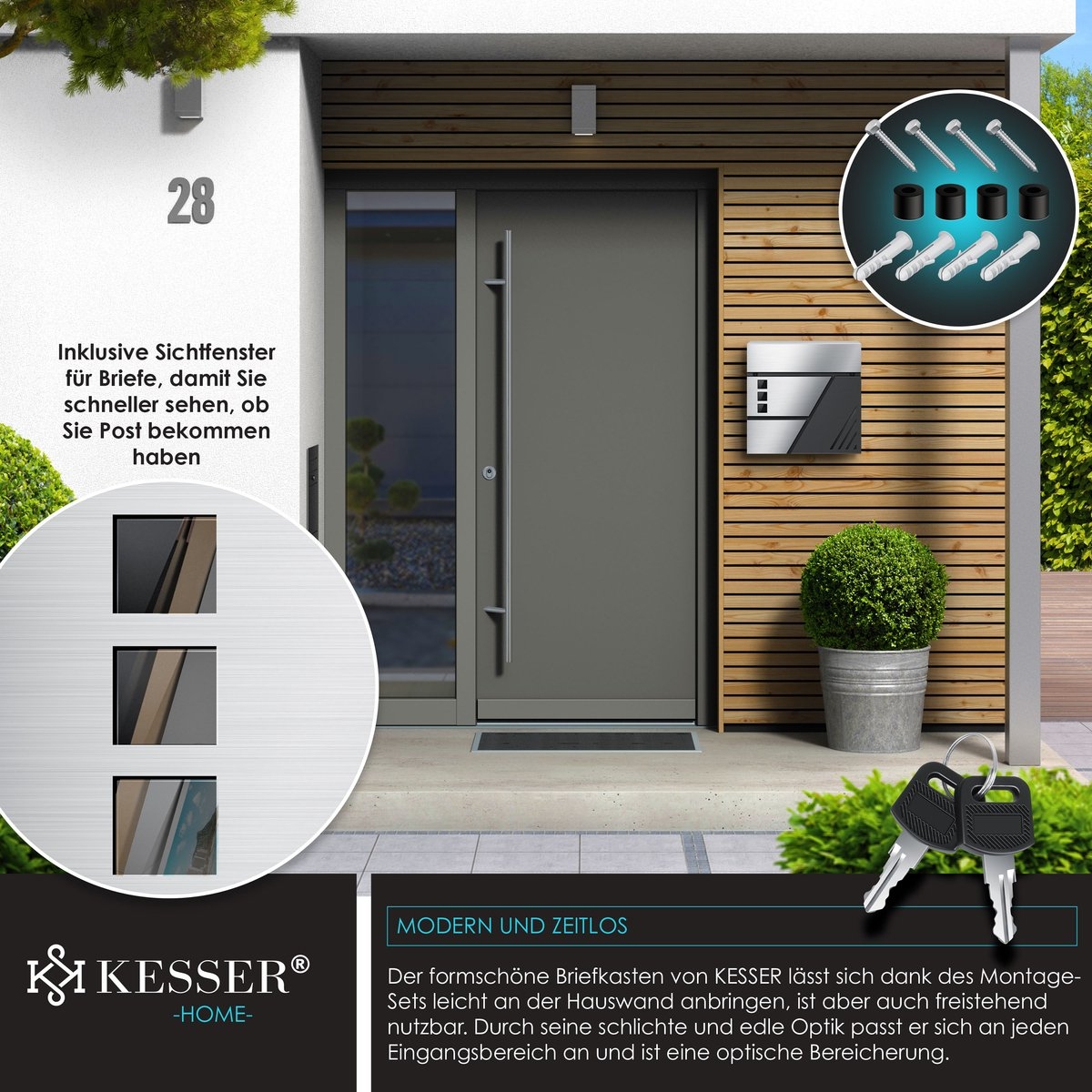 Brievenbus met krantenvak met wandmontage - RVS - 2x Sleutels afsluitbaar - zilver / antraciet - Afbeelding 5