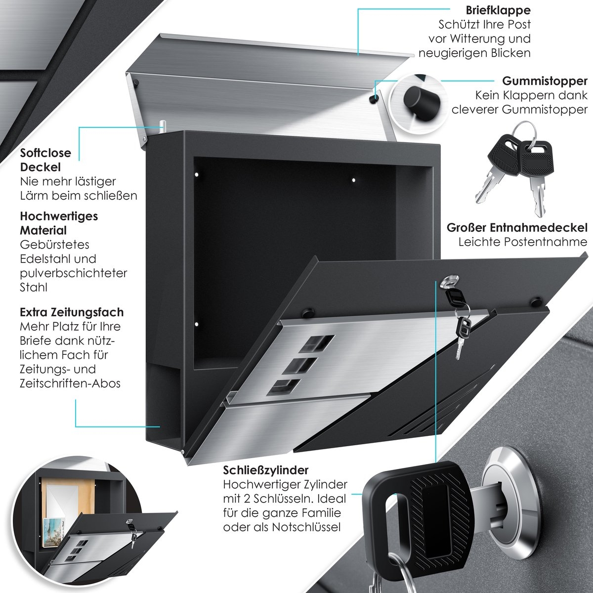 Brievenbus met krantenvak met wandmontage - RVS - 2x Sleutels afsluitbaar - zilver / antraciet - Afbeelding 6