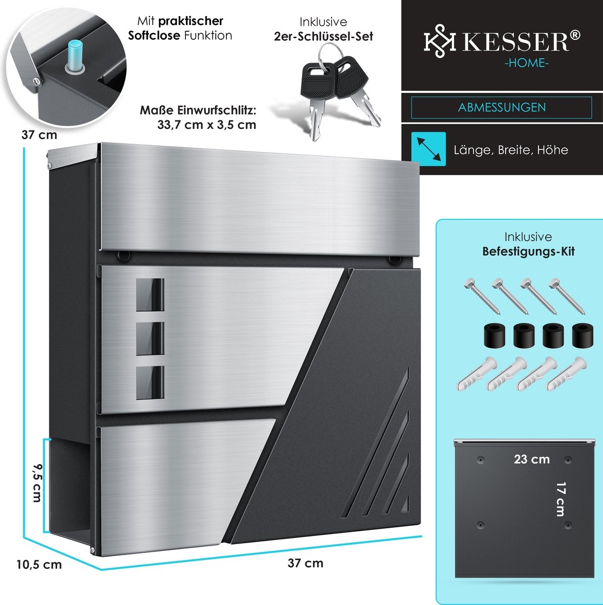 Brievenbus met krantenvak met wandmontage - RVS - 2x Sleutels afsluitbaar - zilver / antraciet - Afbeelding 7