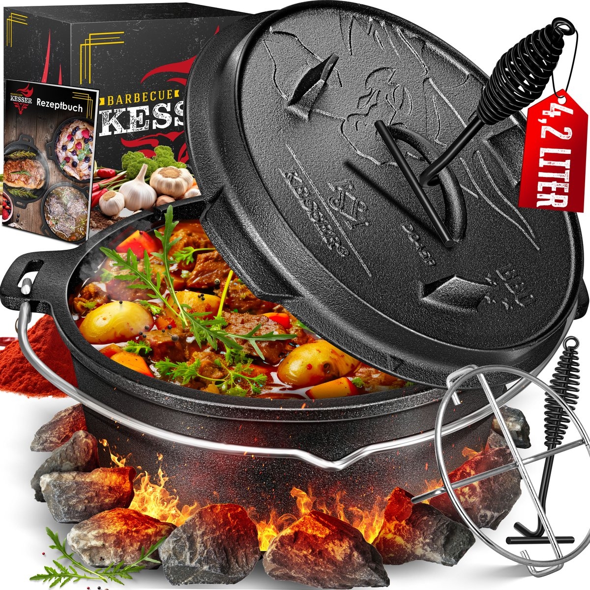 Dutch oven - 4.2 liter - gietijzeren pan met deksel - multifunctionele kookset - voor 2-5 personen