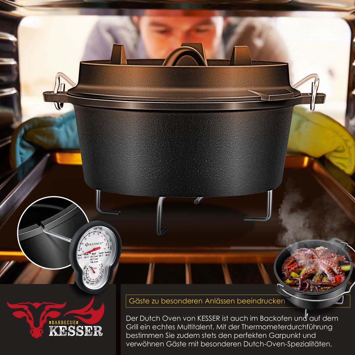 Dutch oven - 4.2 liter - gietijzeren pan met deksel - multifunctionele kookset - voor 2-5 personen - Afbeelding 5