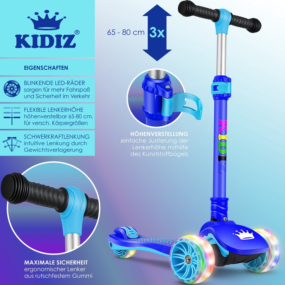 Kinderstep - 3 wielen Step - X-Pro2 - LED oplichtende wielen - opvouwbaar - voor 3-12 jaar - blauw - Afbeelding 7
