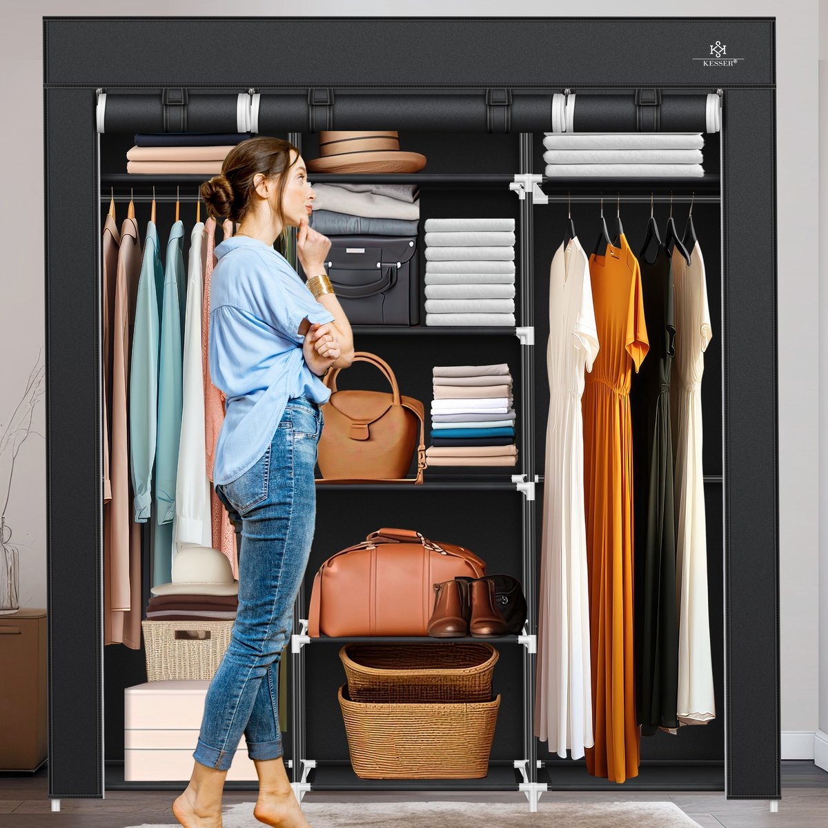 Kledingkast in stof en metaal - hoogte 175 cm breedte 150 cm - met kledingstang en planken - zwart - Afbeelding 2