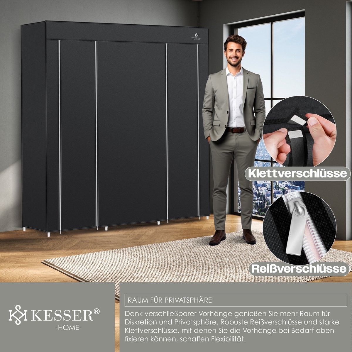 Kledingkast in stof en metaal - hoogte 175 cm breedte 150 cm - met kledingstang en planken - zwart - Afbeelding 3