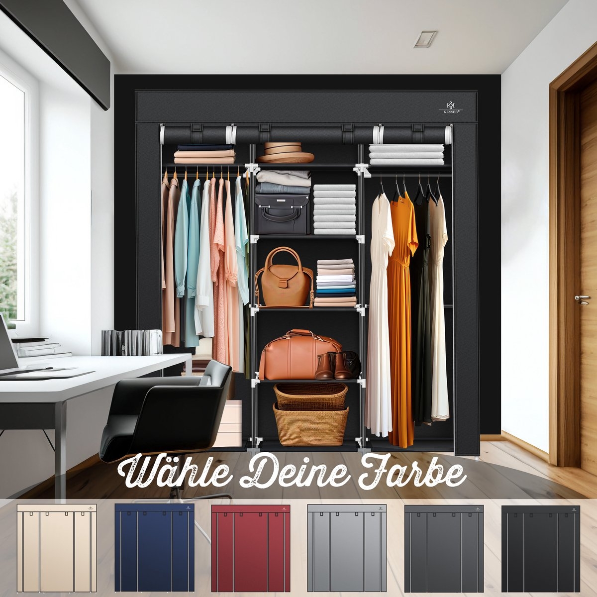 Kledingkast in stof en metaal - hoogte 175 cm breedte 150 cm - met kledingstang en planken - zwart - Afbeelding 4