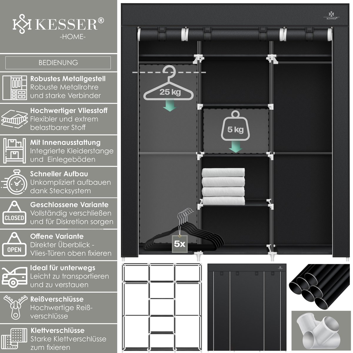 Kledingkast in stof en metaal - hoogte 175 cm breedte 150 cm - met kledingstang en planken - zwart - Afbeelding 5