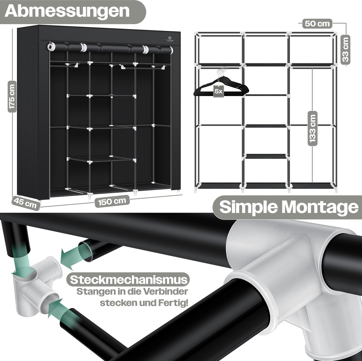 Kledingkast in stof en metaal - hoogte 175 cm breedte 150 cm - met kledingstang en planken - zwart - Afbeelding 6