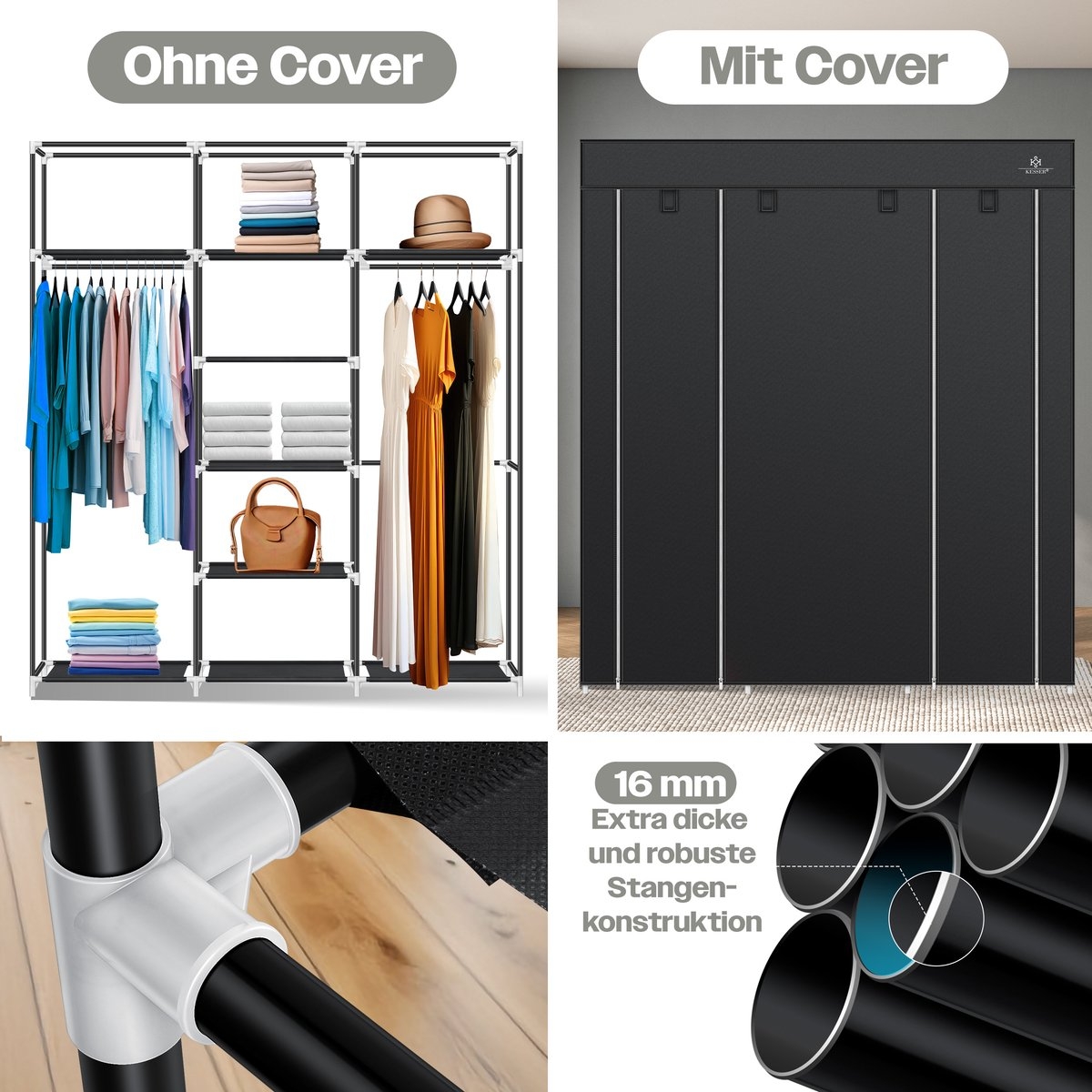 Kledingkast in stof en metaal - hoogte 175 cm breedte 150 cm - met kledingstang en planken - zwart - Afbeelding 7