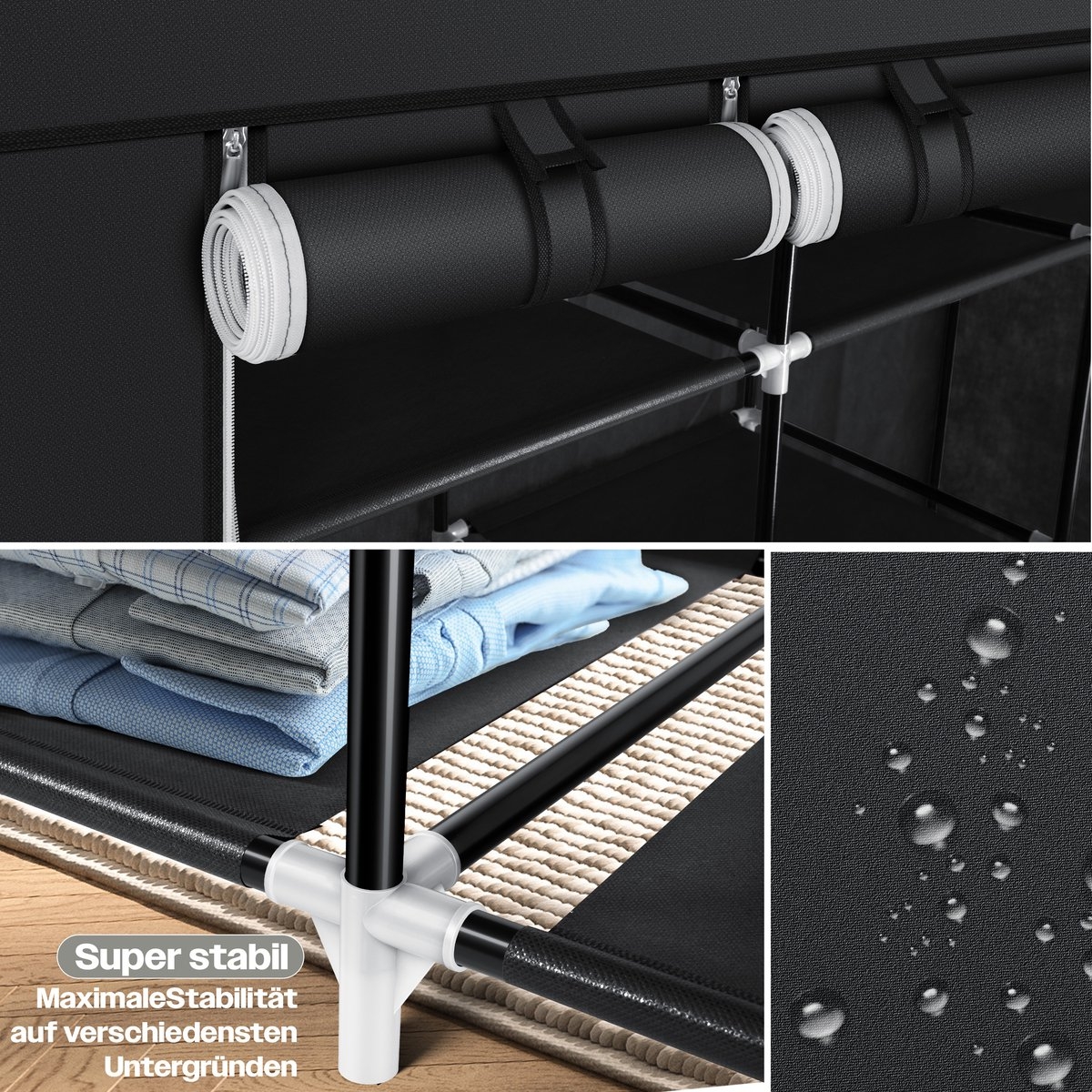 Kledingkast in stof en metaal - hoogte 175 cm breedte 150 cm - met kledingstang en planken - zwart - Afbeelding 8