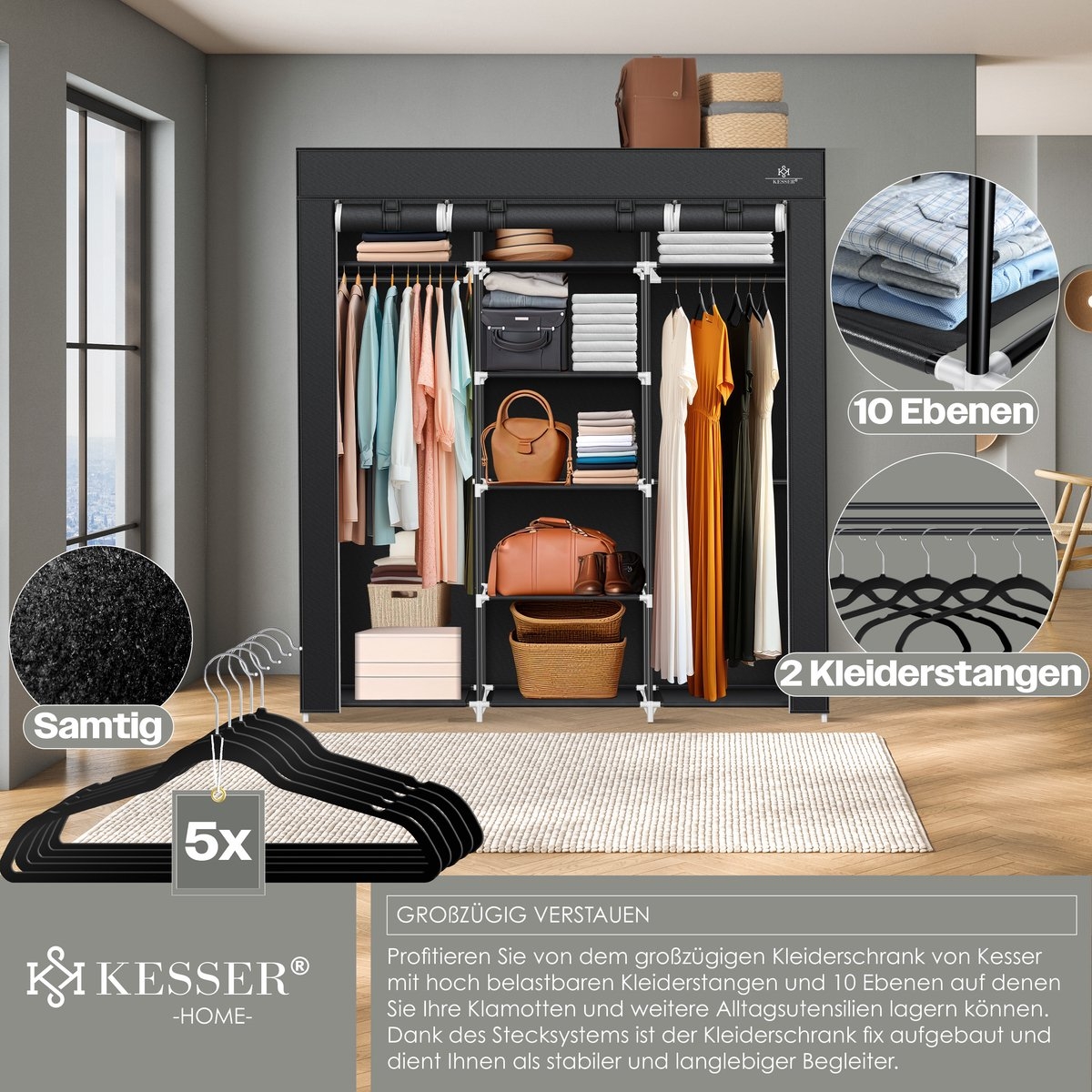 Kledingkast in stof en metaal - hoogte 175 cm breedte 150 cm - met kledingstang en planken - zwart - Afbeelding 9