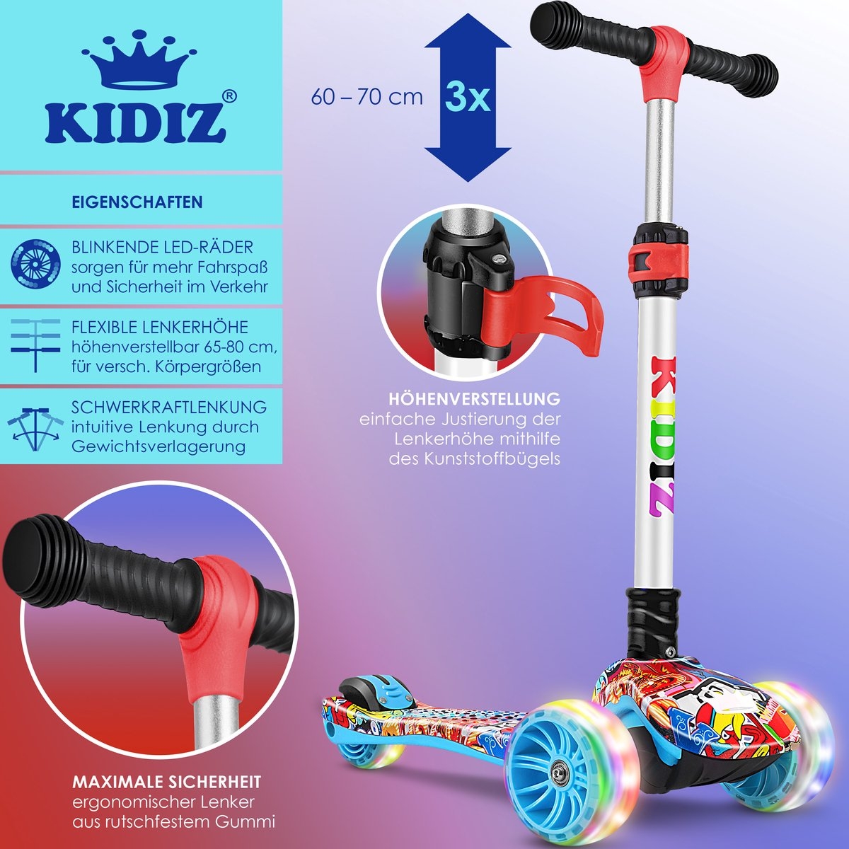 Kinderstep - 3 wielen Step - X-Pro2 - LED oplichtende wielen - opvouwbaar - voor 3-12 jaar - multikleur