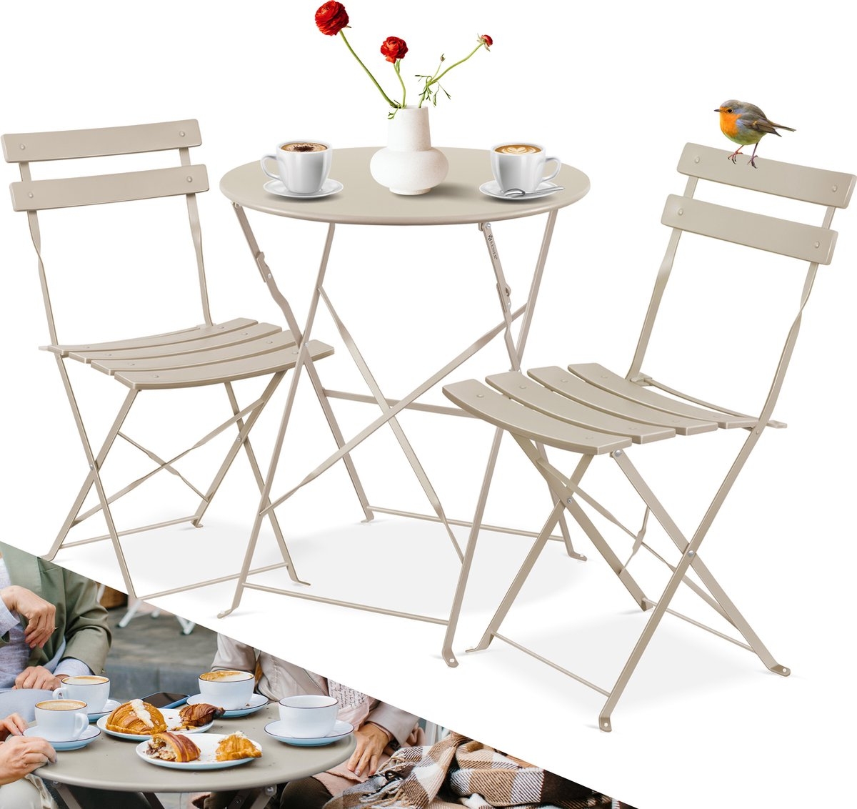 Bistroset 3-delige set - tafel met 2 inklapbaar stoelen - tuinset / terras set / balkonset - metaal - cappuccino