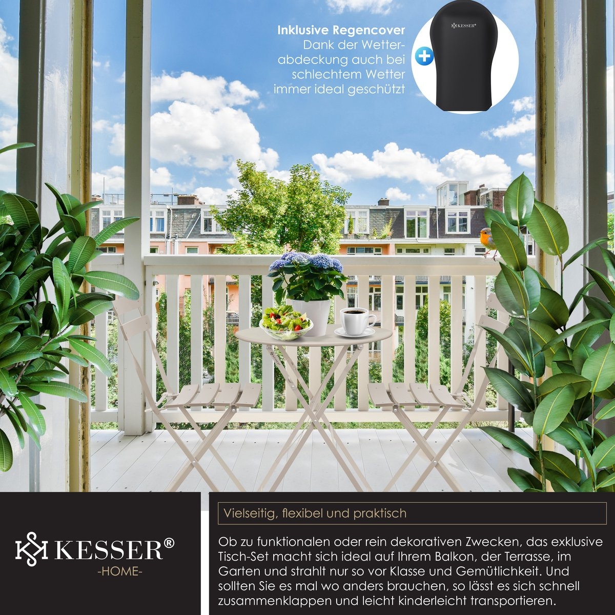 Bistroset 3-delige set - tafel met 2 inklapbaar stoelen - tuinset / terras set / balkonset - metaal - cappuccino - Afbeelding 2