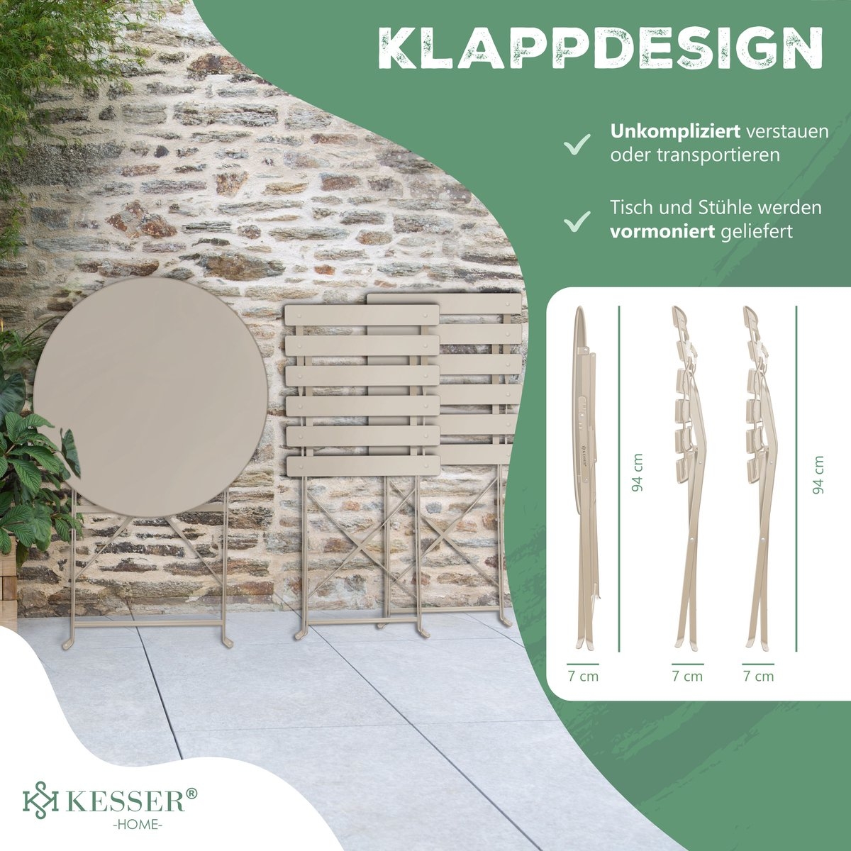 Bistroset 3-delige set - tafel met 2 inklapbaar stoelen - tuinset / terras set / balkonset - metaal - cappuccino - Afbeelding 3