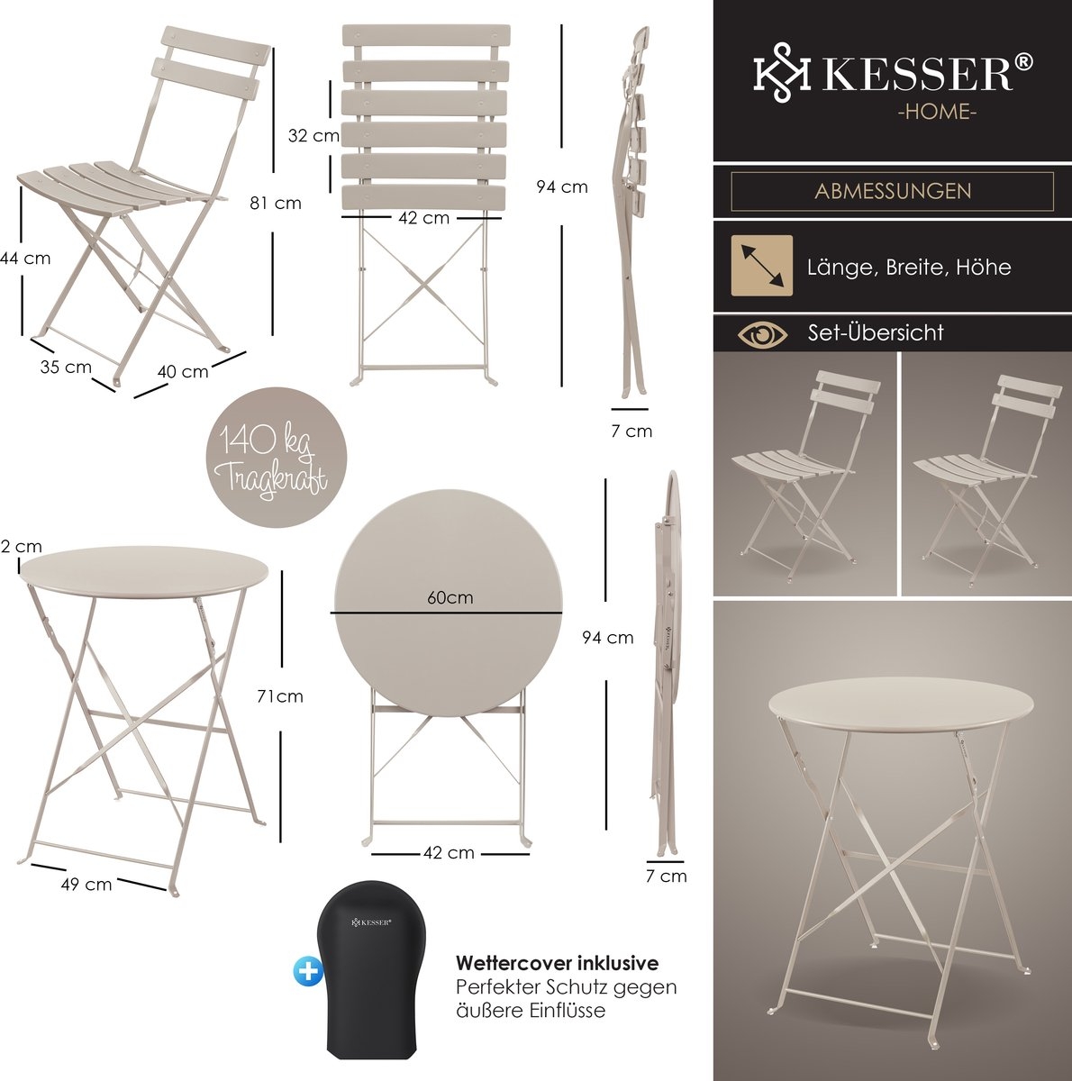 Bistroset 3-delige set - tafel met 2 inklapbaar stoelen - tuinset / terras set / balkonset - metaal - cappuccino - Afbeelding 4