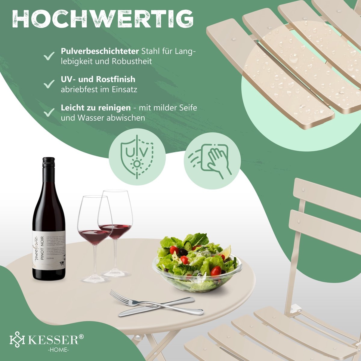 Bistroset 3-delige set - tafel met 2 inklapbaar stoelen - tuinset / terras set / balkonset - metaal - cappuccino - Afbeelding 5