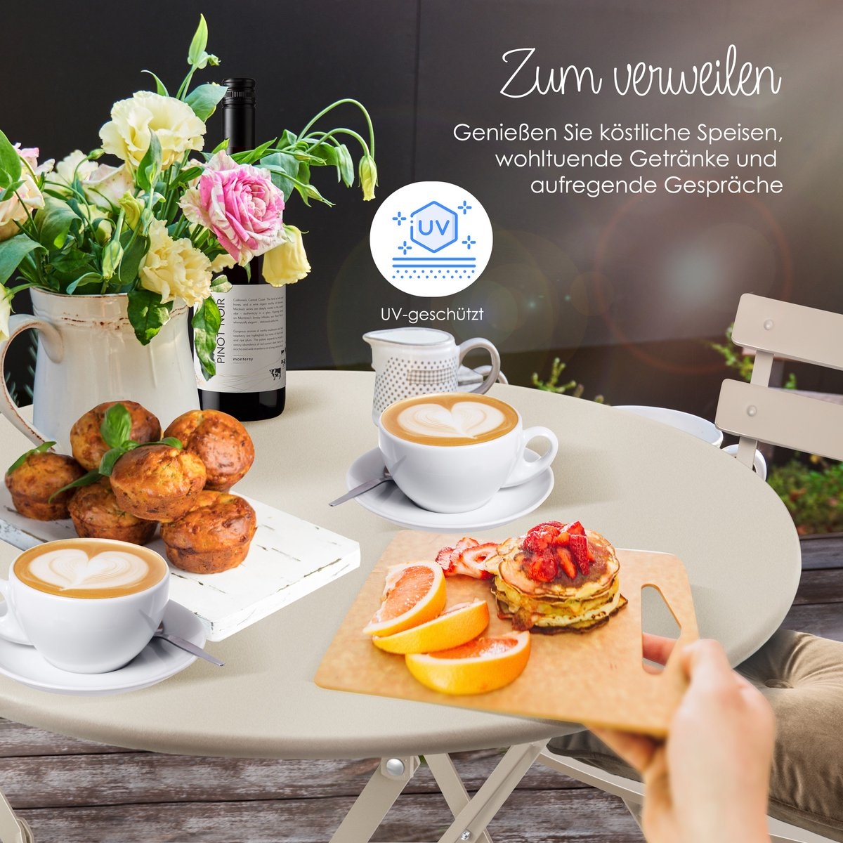 Bistroset 3-delige set - tafel met 2 inklapbaar stoelen - tuinset / terras set / balkonset - metaal - cappuccino - Afbeelding 7