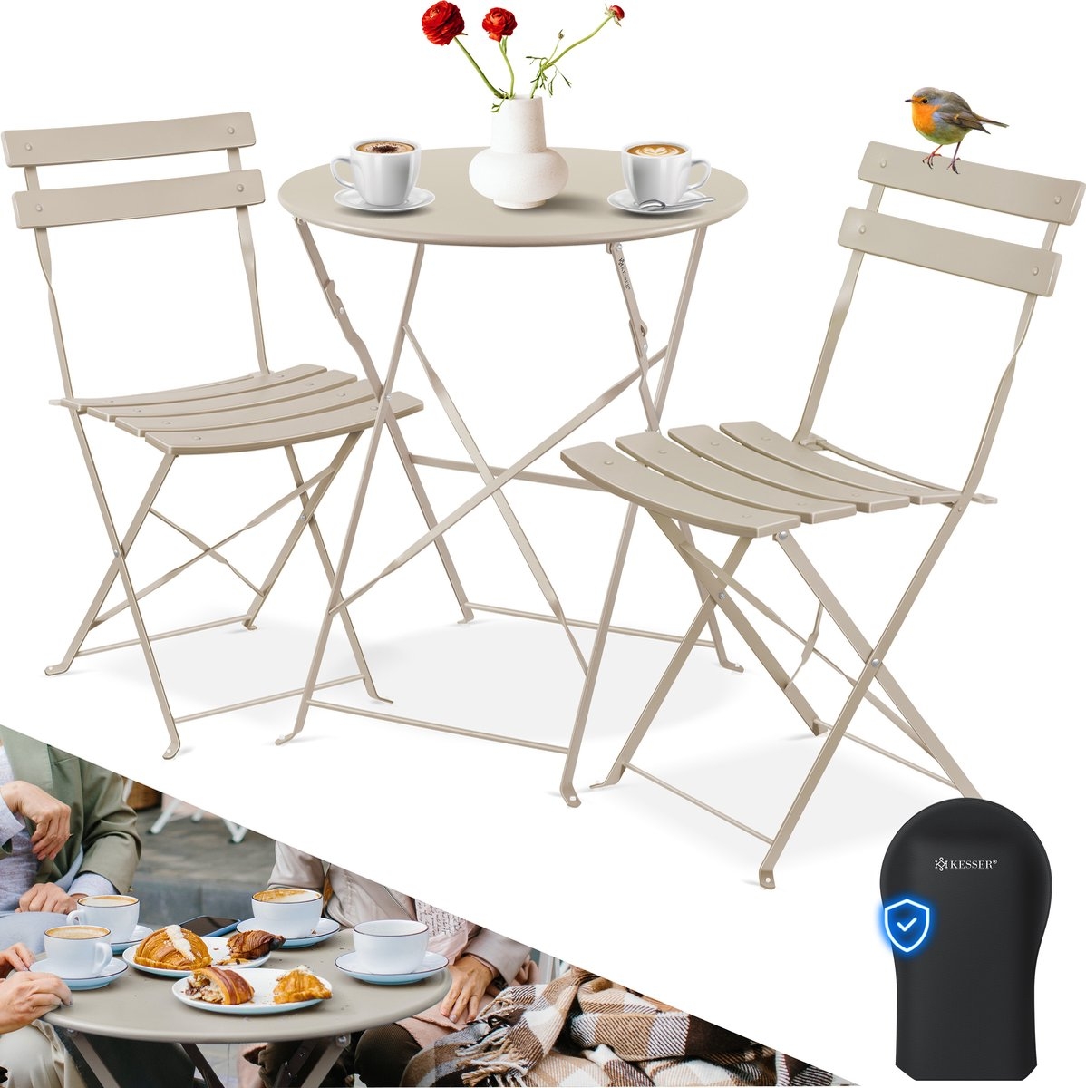 Bistroset 3-delige set - tafel met 2 inklapbaar stoelen - tuinset / terras set / balkonset - metaal - cappuccino - Afbeelding 8