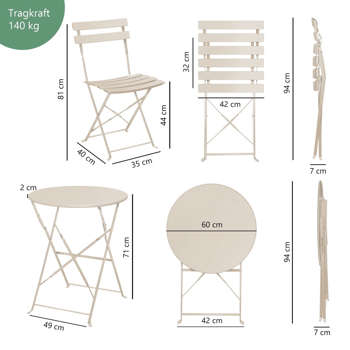 Bistroset 3-delige set - tafel met 2 inklapbaar stoelen - tuinset / terras set / balkonset - metaal - cappuccino - Afbeelding 10